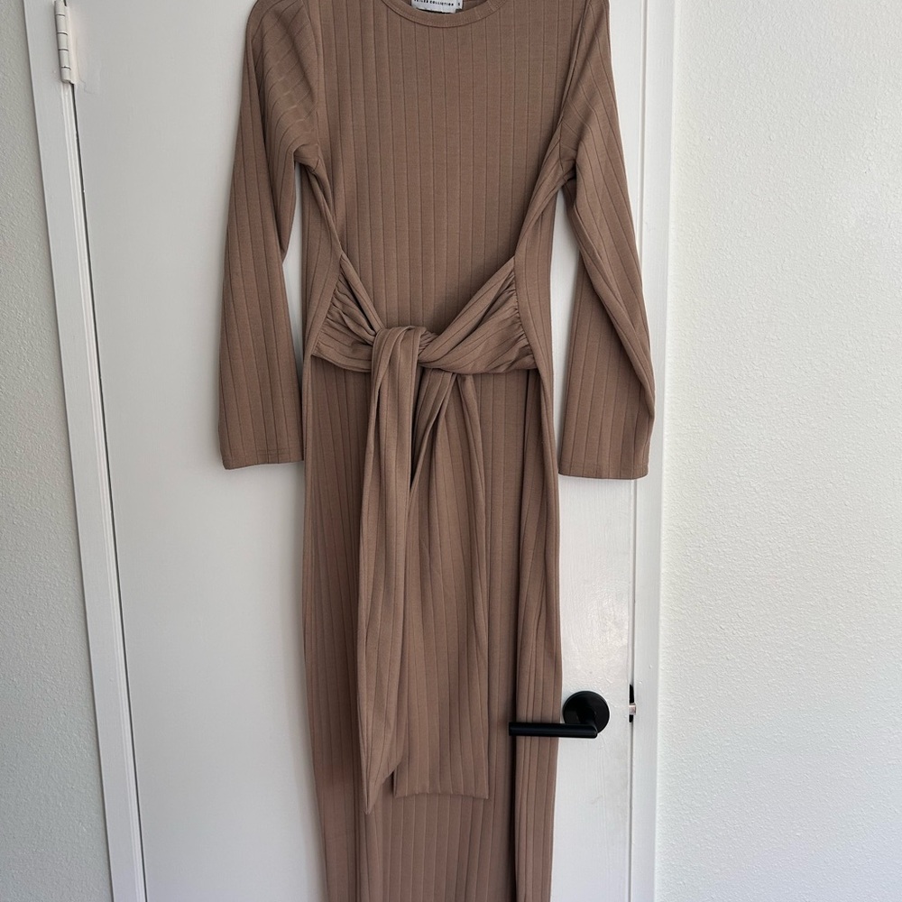 SOLD✅Veiled Collection Ribbed Knit Tan Dress with Tie Waist
